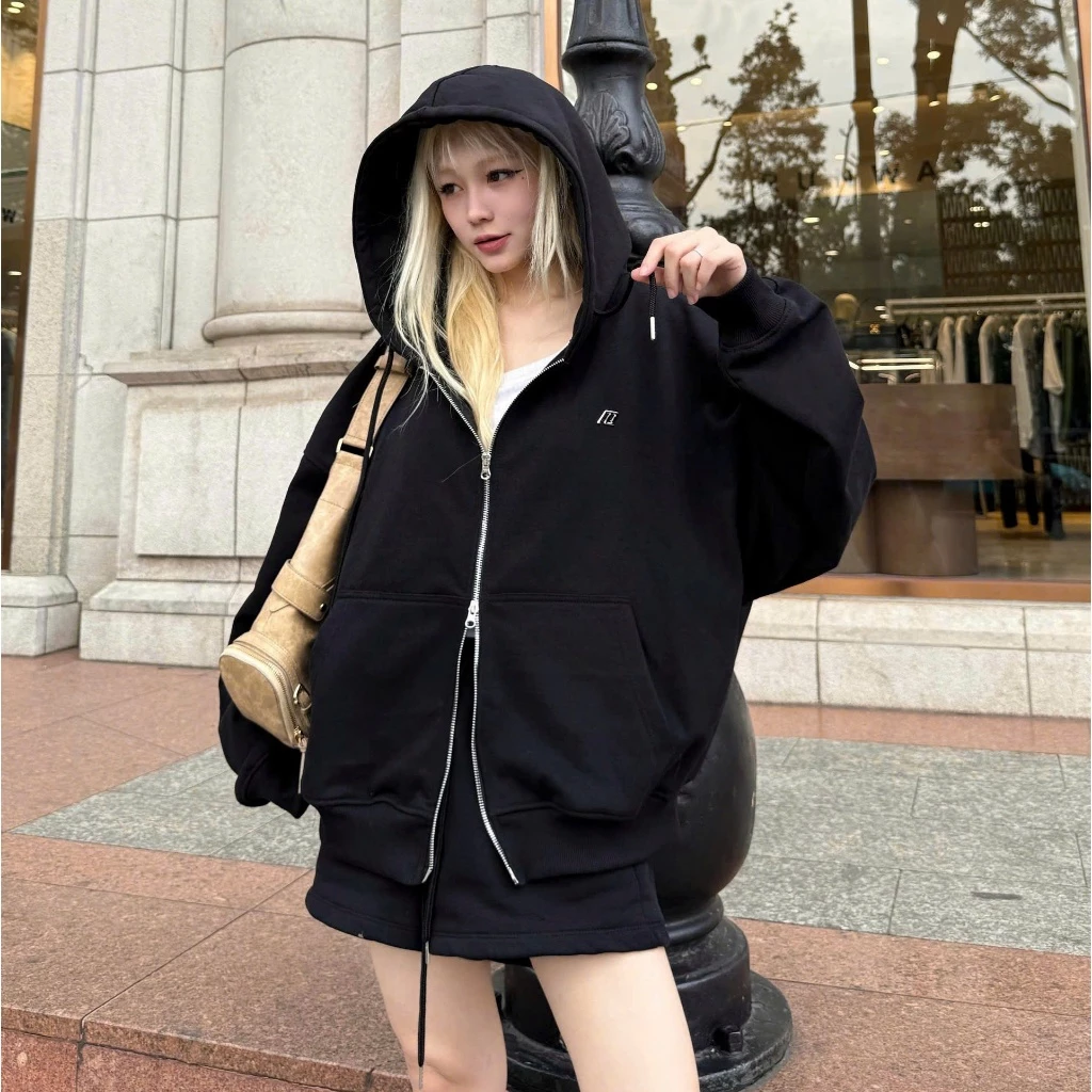 Áo khoác hoodie zip nỉ chân cua nq30 daisy dây kéo kim loại 2 Đầu logo hợp kim form boxy form rộng nam nữ unisex
